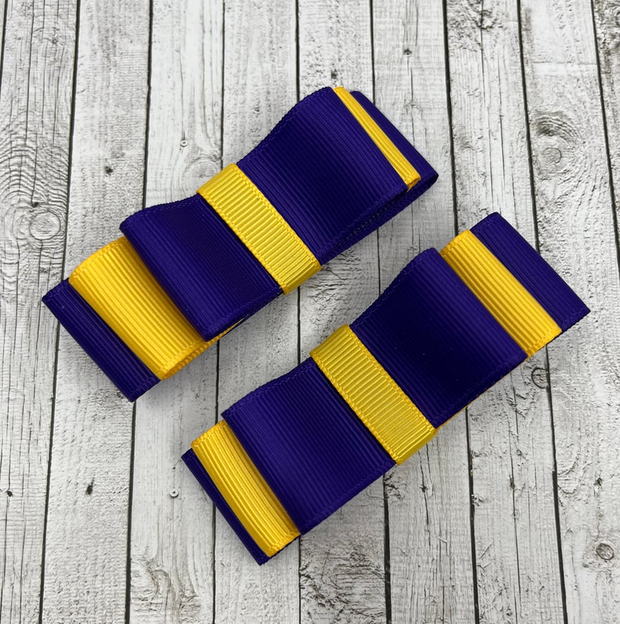 Purple and Yellow Gold 3 inch Straight Bows on Clips (pair)