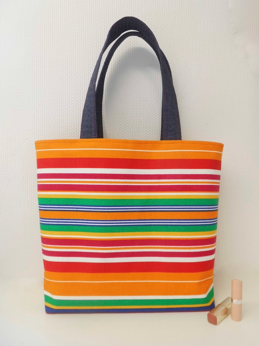 Colourful striped canvas tote bag large