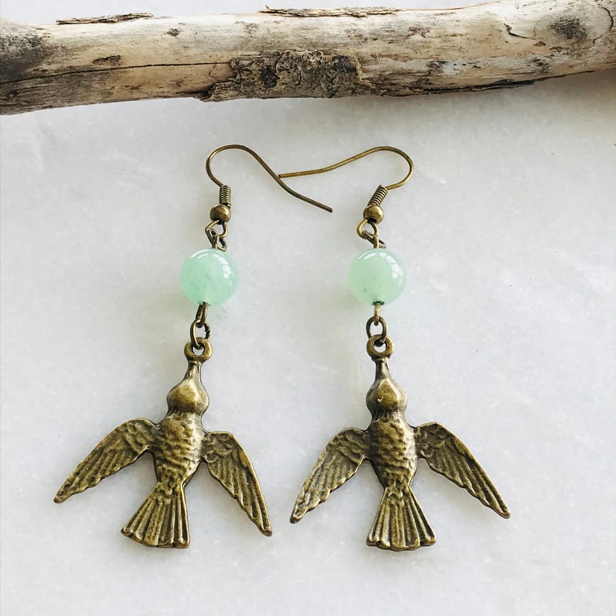 Jade Gemstone And Antique Gold Bird Dangle Earrings 