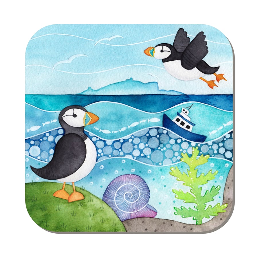 Puffin Coaster. Cute Seaside Watercolour Painting. East Neuk of Fife, Scotland