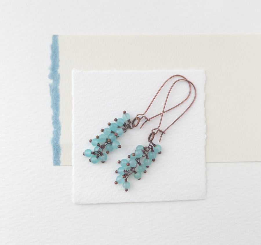 Aqua Jade Copper Kidney Earrings, Semi Precious Stone Cluster Long Drop