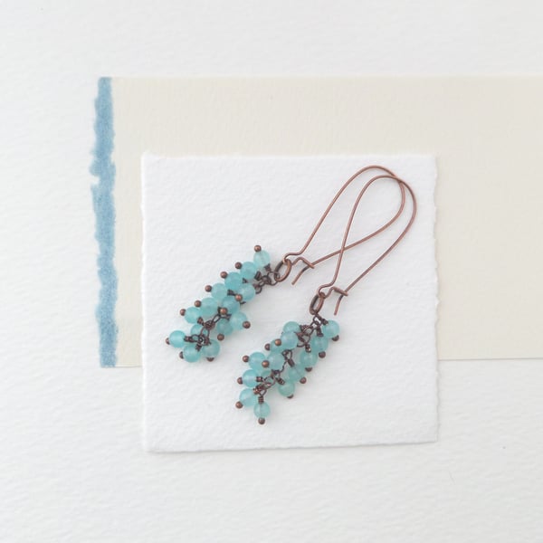 Aqua Jade Copper Kidney Earrings, Semi Precious Stone Cluster Long Drop