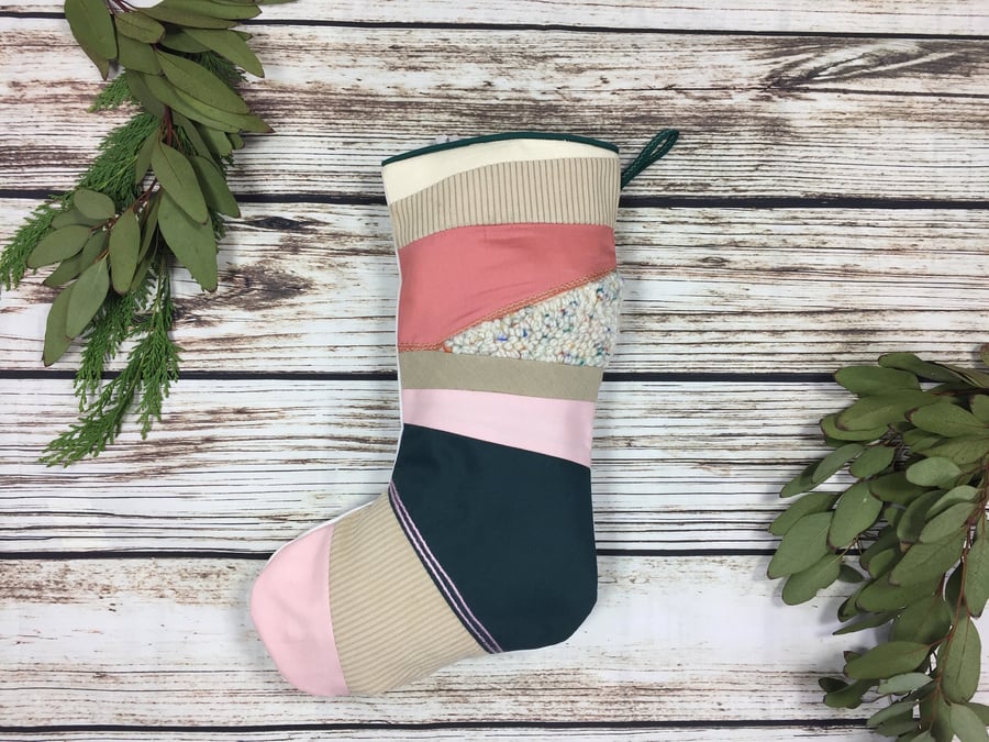 Handmade Christmas Stocking- patchwork punch hook! Cream, green and pink colour 