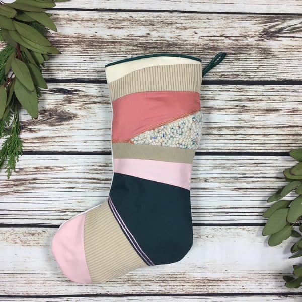 Handmade Christmas Stocking- patchwork punch hook! Cream, green and pink colour 
