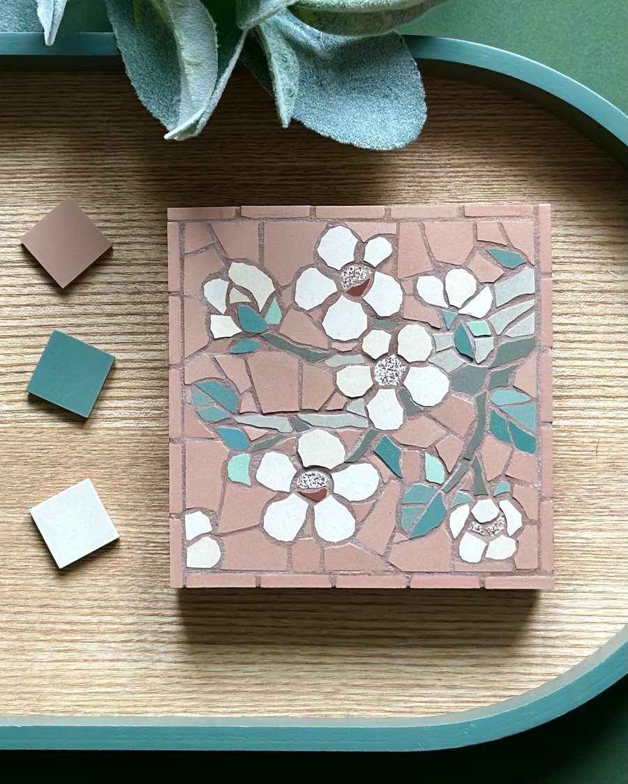 Original Floral Art - Blossom Mosaic Wall Plaque in Dusky Pink