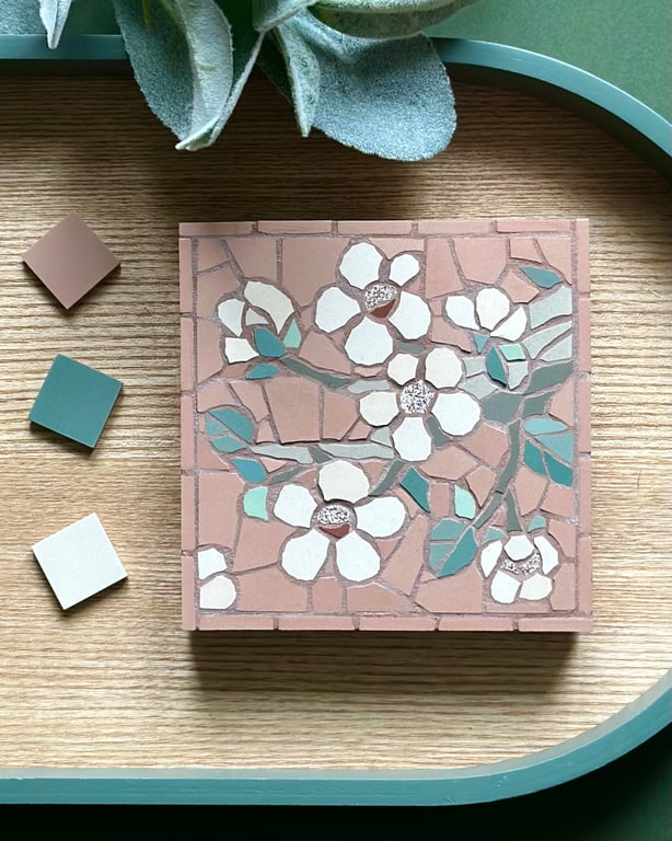 Original Floral Art - Blossom Mosaic Wall Plaque in Dusky Pink