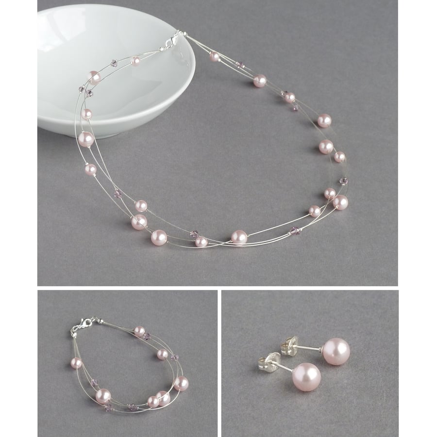 Blush Floating Pearl Jewellery Set - Light Pink Bridesmaids Jewellery - Gifts