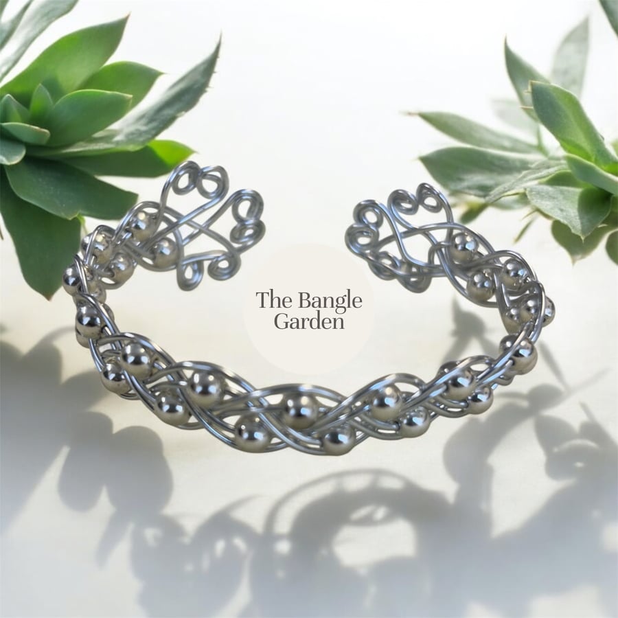 Handmade wire woven silver and silver bead bangle