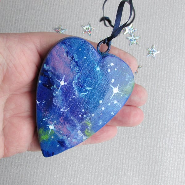 Galaxy in Miniature Hanging Heart, Stars and Space wooden heart