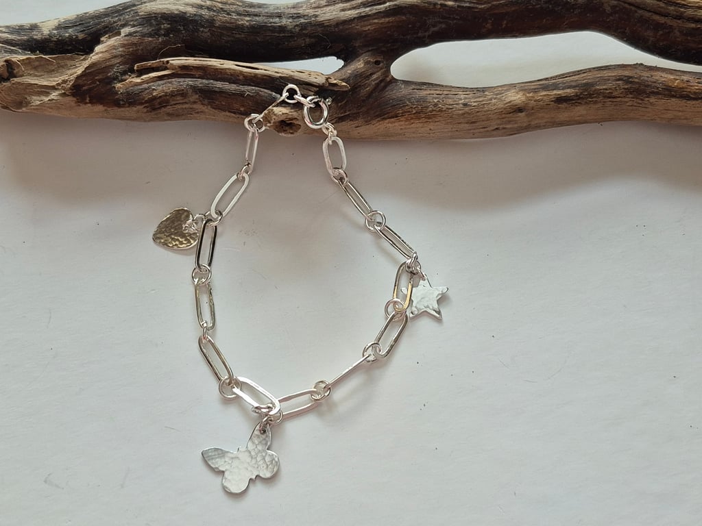 Sterling Silver 925 Artisan Flat Paperclip Bracelet with Charm