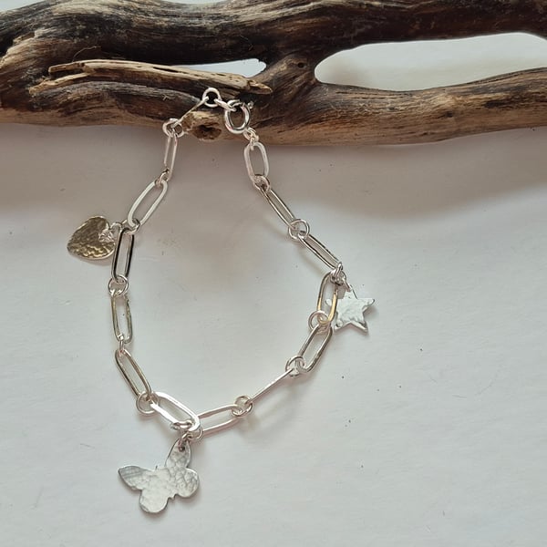 Sterling Silver 925 Artisan Flat Paperclip Bracelet with Charm