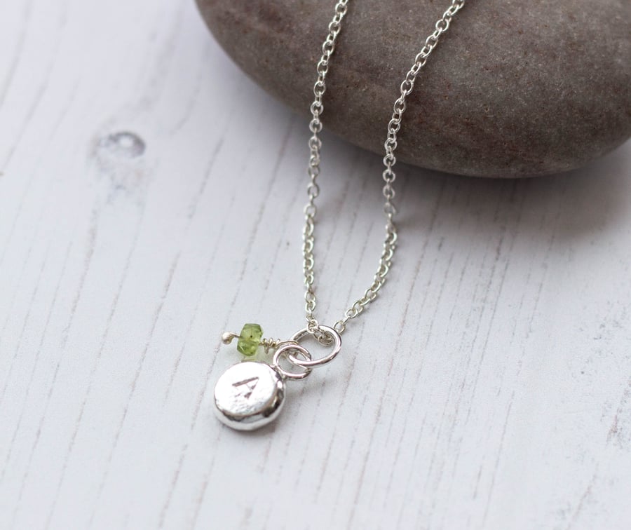 Personalised birthstone silver pebble pendant, recycled silver pendant