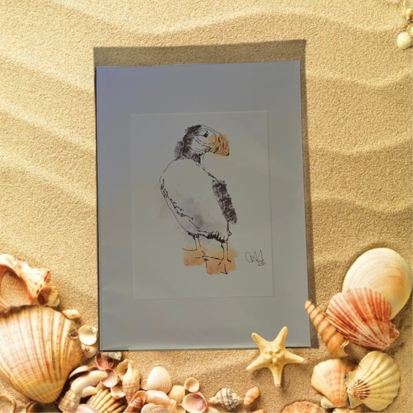 Coastal Wall Art – Seaside Ink & Watercolour Animal Illustrations, Puffin