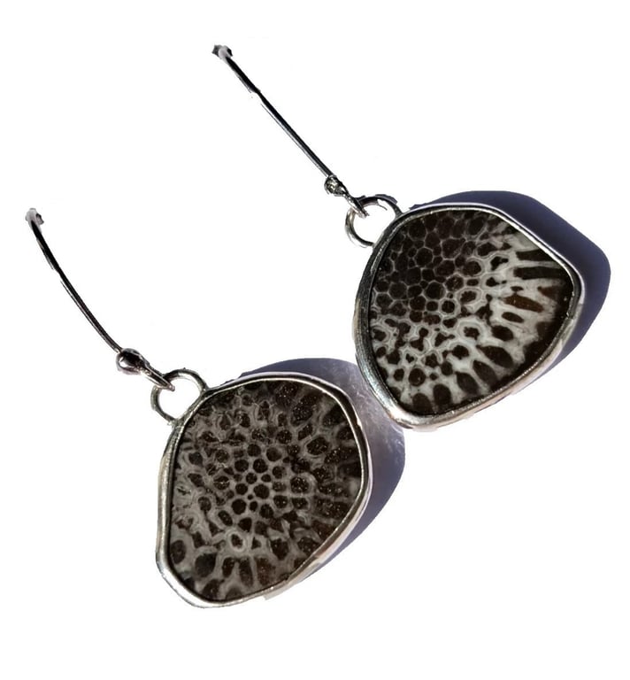 Black Fossil Coral Earrings Fine & Recycled Silver Jewellery Gift Drop Dangle