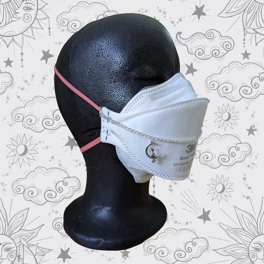 Silver mask chain with cat on moon charm