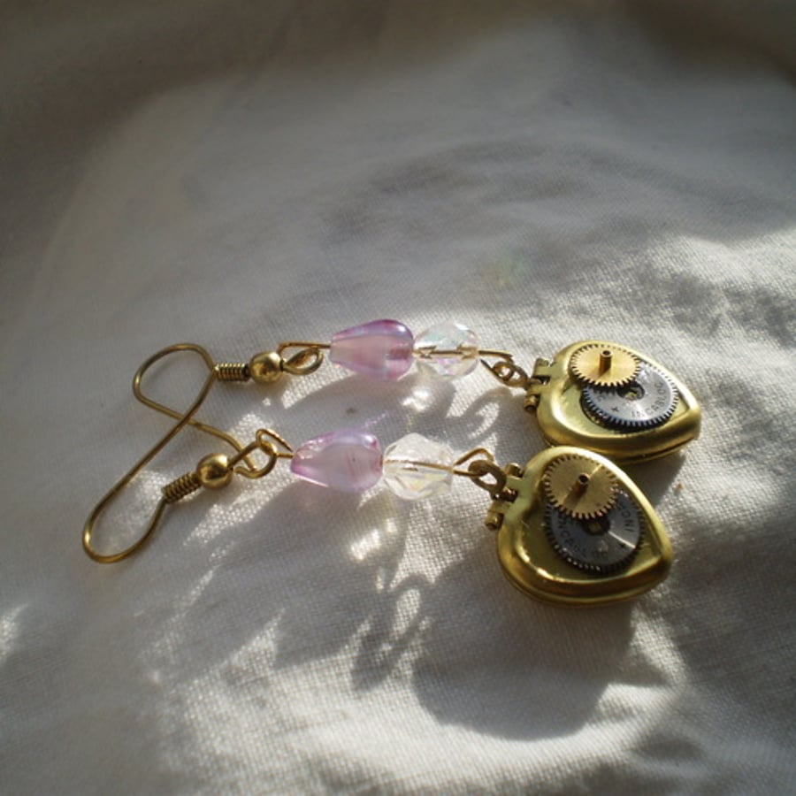 *SALE* Vintage Steampunk Heart Locket Purple Earrings