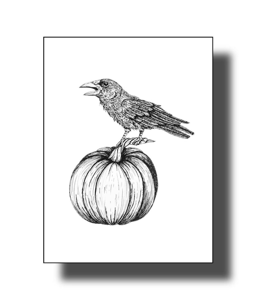 Crow print ink wall art pumpkin drawing witchy decor mystical artwork A4 A5