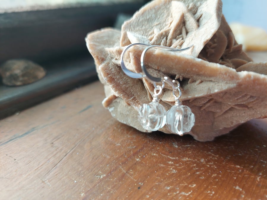 Sterling Silver Quartz Carved Rose Earrings