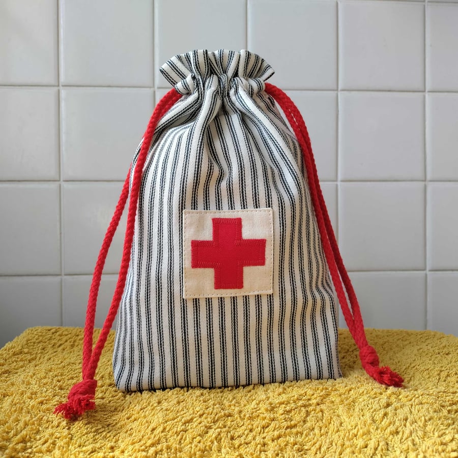 Large Drawstring First Aid Pouch with Hand-Appliqued Red Cross. Zero Waste