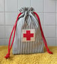Large Drawstring First Aid Pouch with Hand-Appliqued Red Cross. Zero Waste