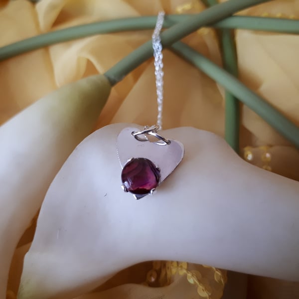 Sterling silver heart necklace set with purple abalone shell