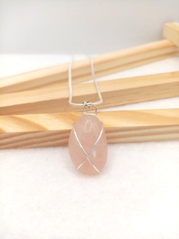 Natural Rose Quartz Necklace, Wire Wrapped Rose Quartz, Rose Pink Necklace  