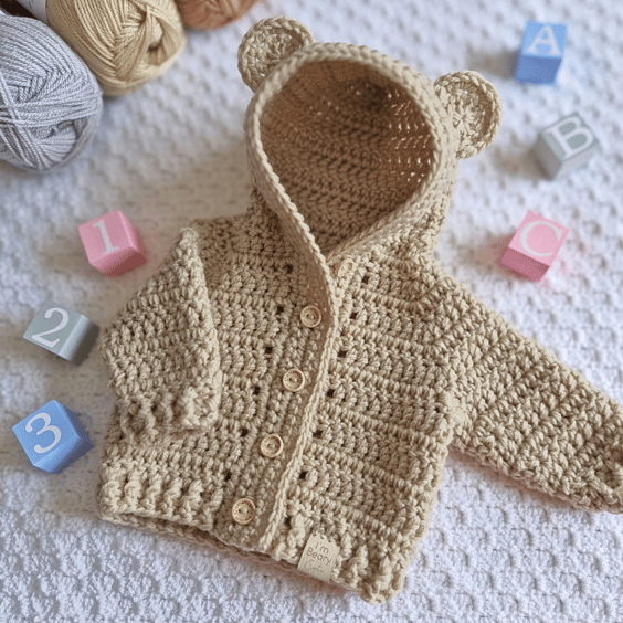 Crochet Teddy Bear Cardigan with Hood and Ears – Newborn to 4 Years