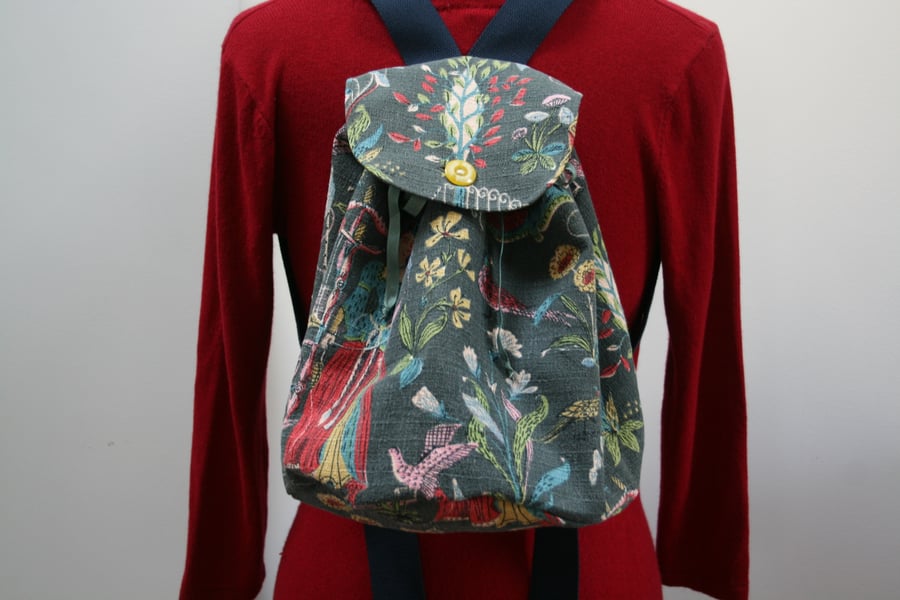 Medium backpack - upcycled curtains in weaving spinning print. Tote rucksack bag