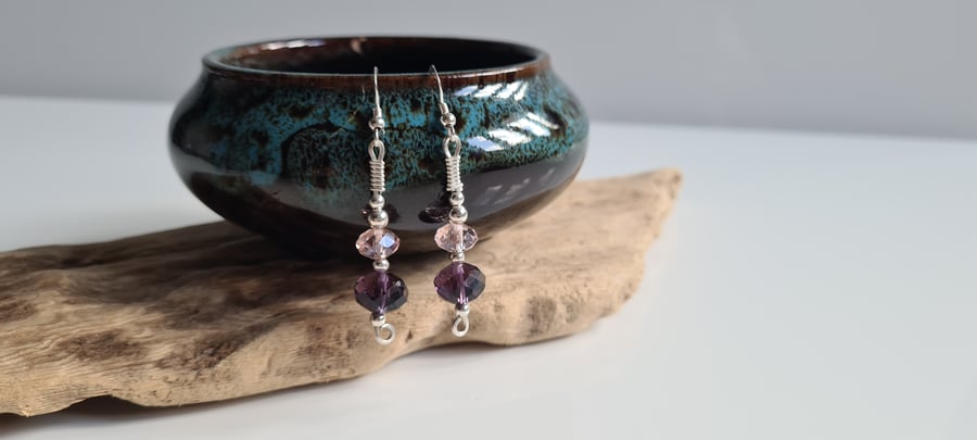 Handmade 925 Silver Pink & Purple Glass Crystal Bead Dangle Drop Earrings Gift 