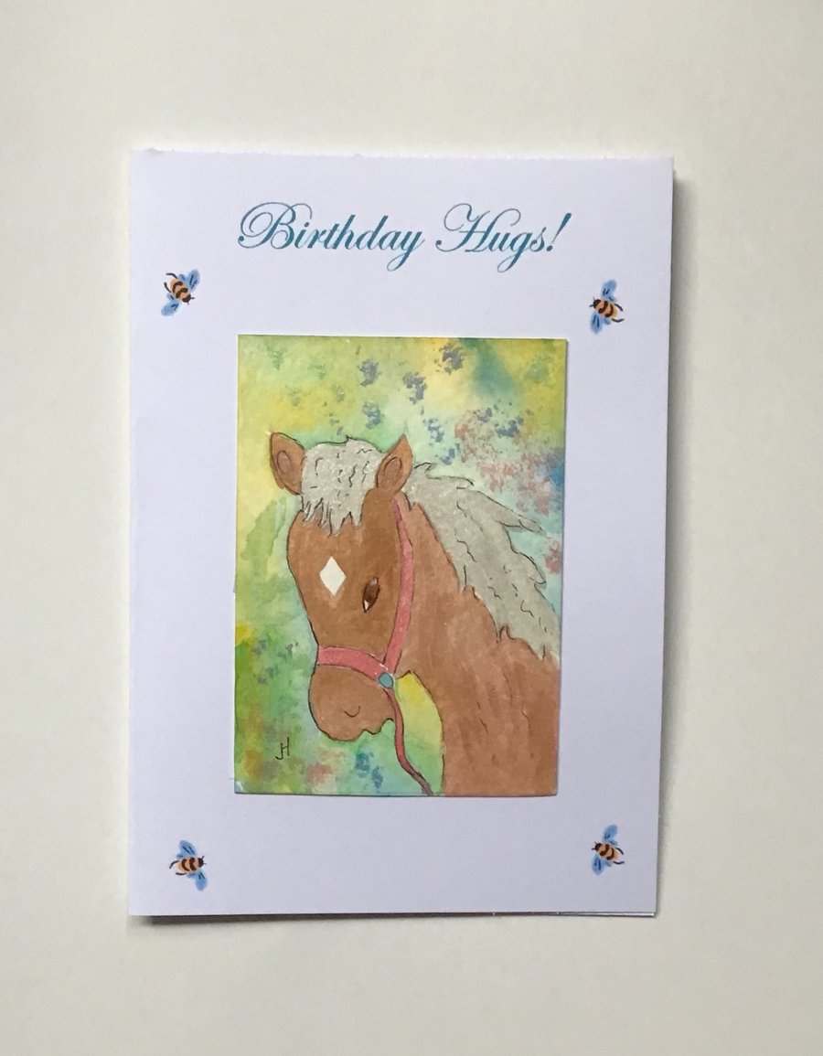 Hand painted card,Original painting,Birthday hugs, Greetings card Pony,Horse,,