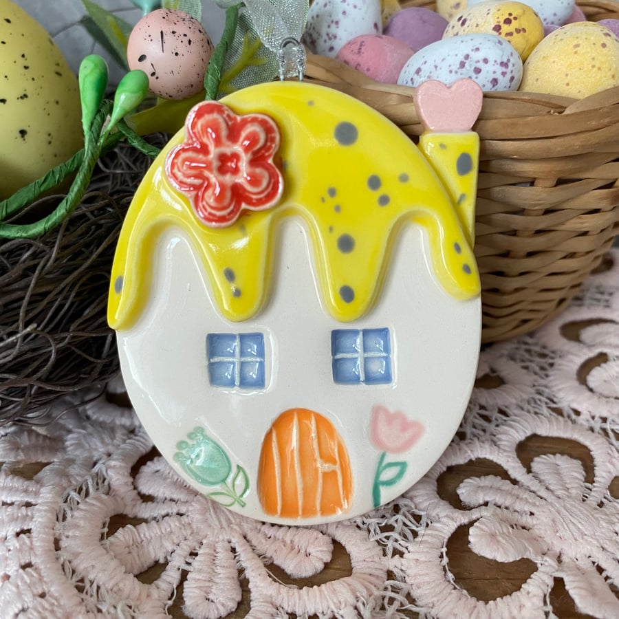 Pottery Easter Egg house decoration yellow roof