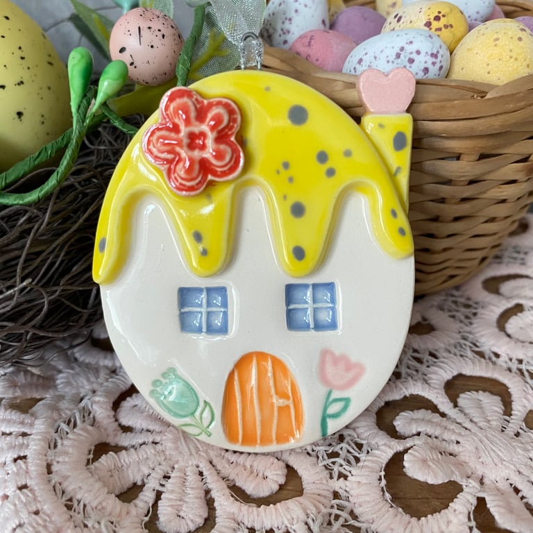 Pottery Easter Egg house decoration yellow roof