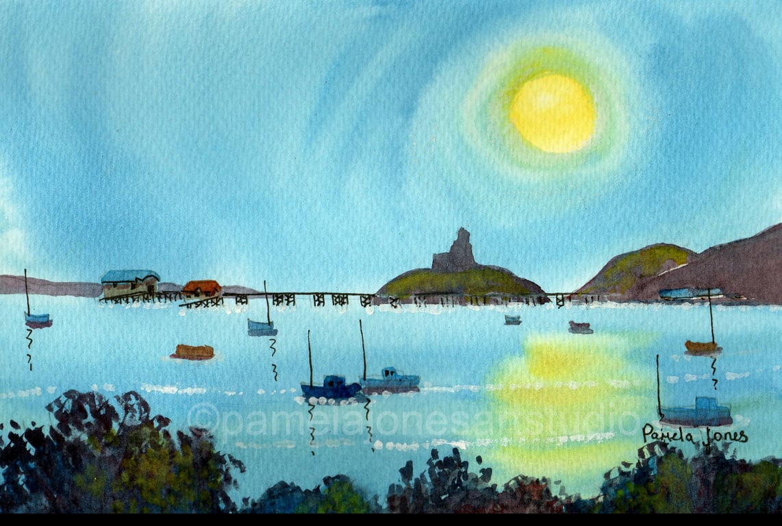 Evening Sun, In The Bay, Mumbles, Original Watercolour In 14 x 11 '' Mount