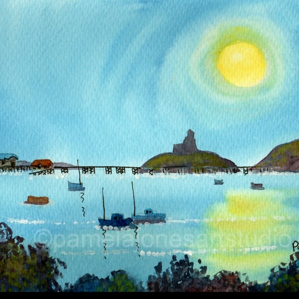 Evening Sun, In The Bay, Mumbles, Original Watercolour In 14 x 11 '' Mount