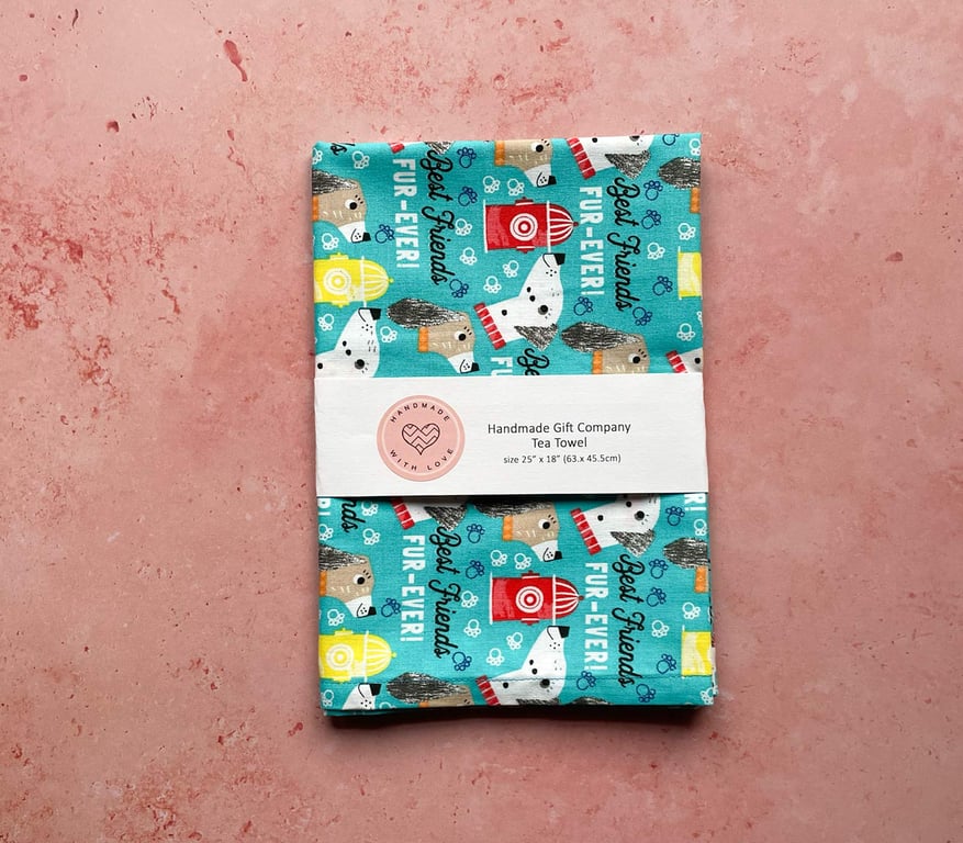 Fabric Handmade Pretty Cotton Tea Towel with a Dog Furry Friends Design-TETO-06