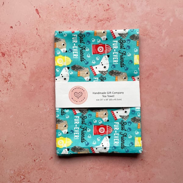 Fabric Handmade Pretty Cotton Tea Towel with a Dog Furry Friends Design-TETO-06