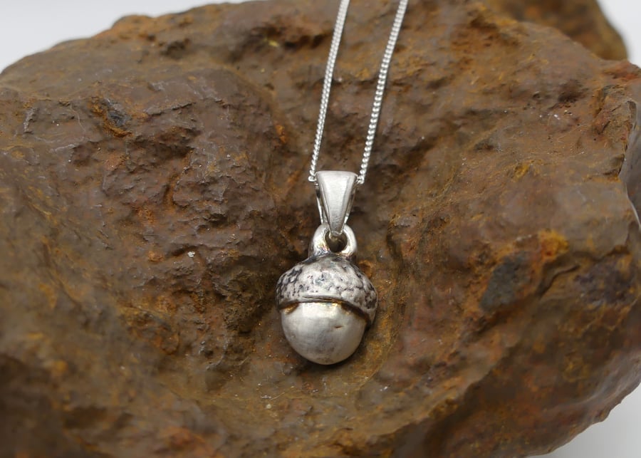 Recycled Sterling Silver Real Acorn Mould Pendant Necklace ECO STS Chain.