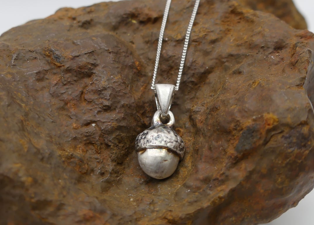 Recycled Sterling Silver Real Acorn Mould Pendant Necklace ECO STS Chain.