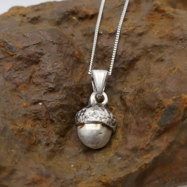 Recycled Sterling Silver Real Acorn Mould Pendant Necklace ECO STS Chain.