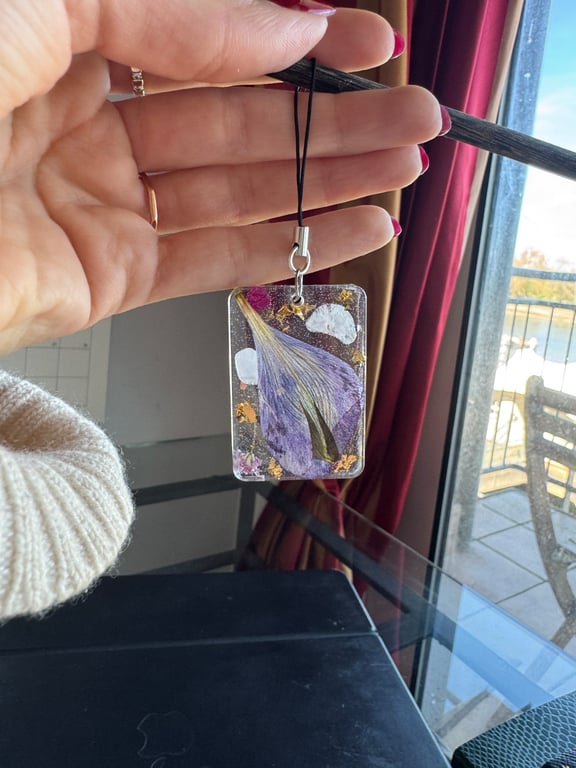 Pressed Flower, Rose Quartz, and Gold Leaf Phone or Bag Charm