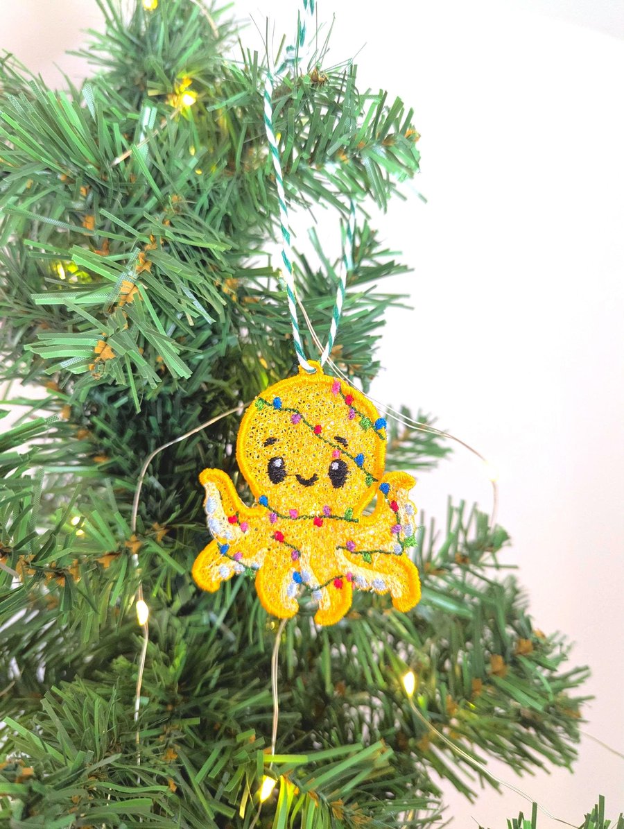 Embroidered hanging Octopus, Christmas decorations, wrapped in lights, machine e
