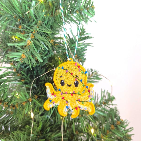 Embroidered hanging Octopus, Christmas decorations, wrapped in lights, machine e