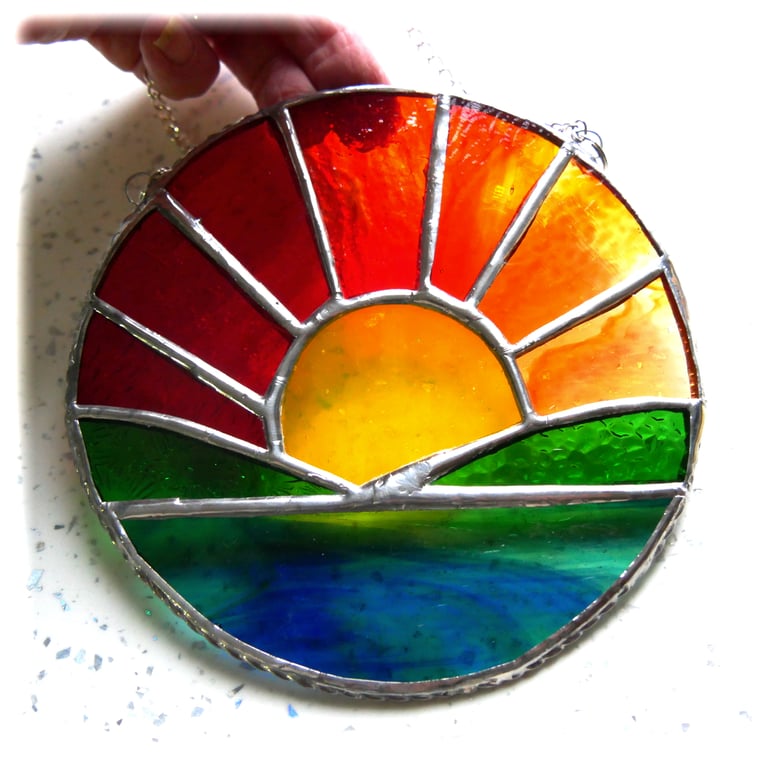 Sunrise Picture Stained Glass Suncatcher Handmade Sea Ring 