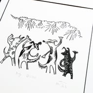 Dog Disco - lino prints 