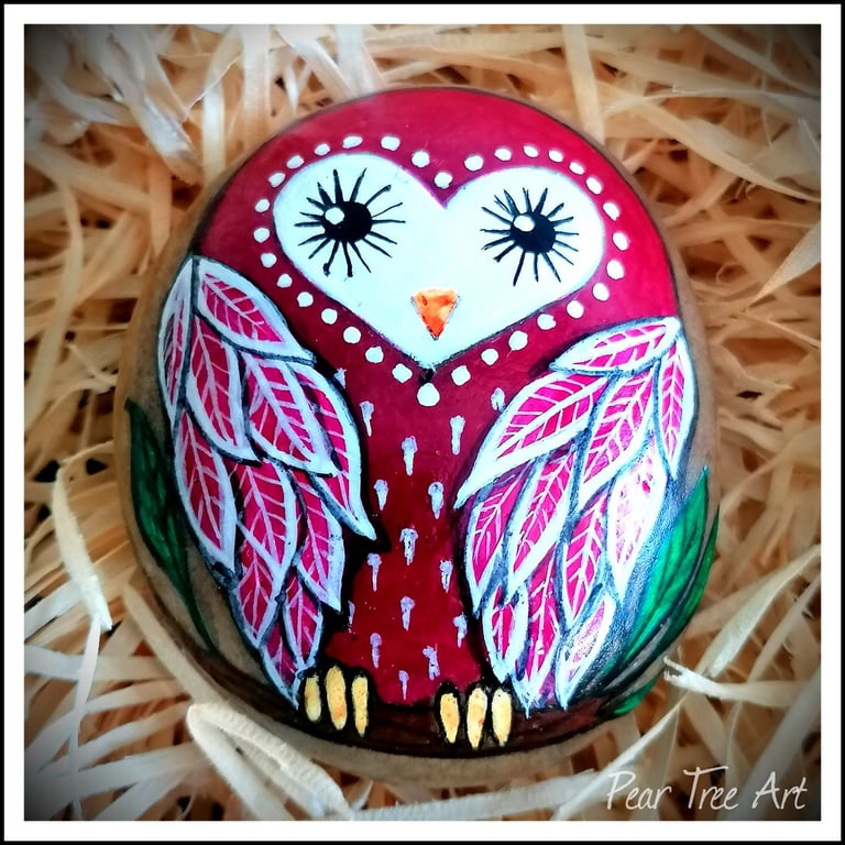 Pink Owl Rock Art, Hand Painted