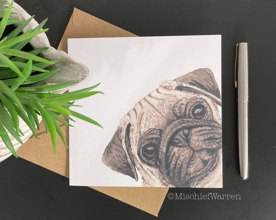 Pug Art Card. Blank or personalised for any occasion.