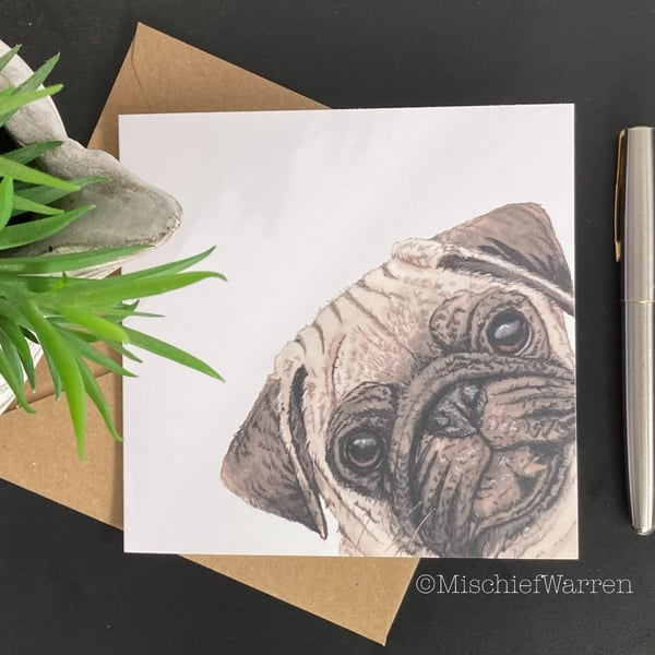 Pug Art Card. Blank or personalised for any occasion.