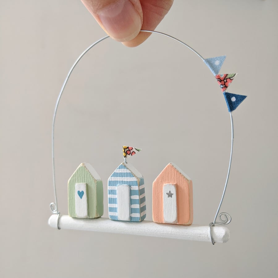 Tiny Hanging Wooden Beach Huts, Nautical Decor