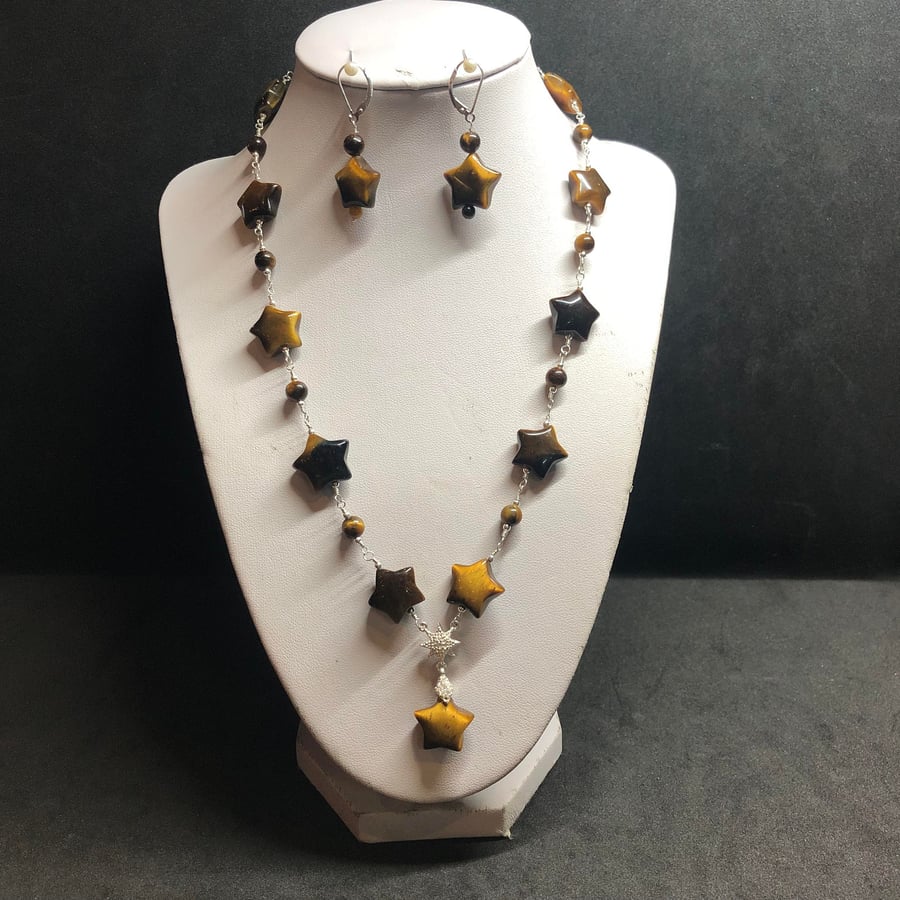 Tiger's Eye Gemstone Star Necklace on Sterling Silver with matching Earrings