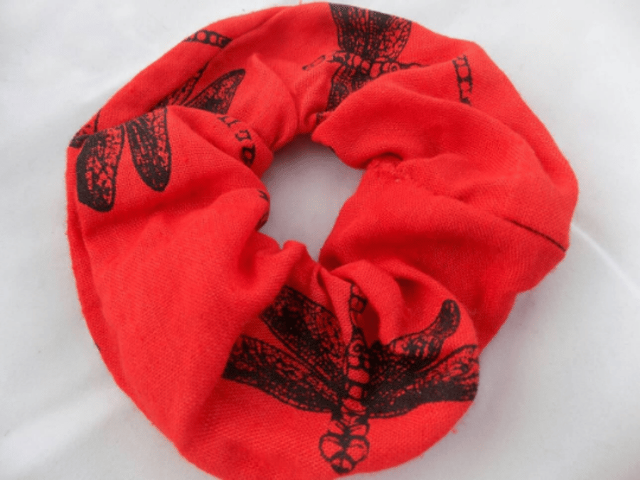 Red hair scrunchie,dragonfly handprint hair accessory handmade,zero waste,gift